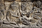 Prambanan - Ramayana reliefs. Ramayana relief series, King Dasharatha with Kansalya (?), Rama's parents, (part of scene 2, left).  